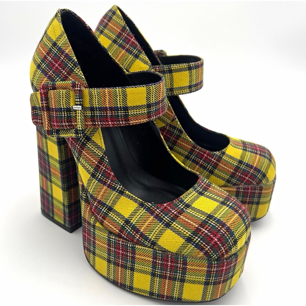 Bamboo Yellow Plaid Platform Mary Jane Round Toe Buckle Strap Heels Women's 6.5